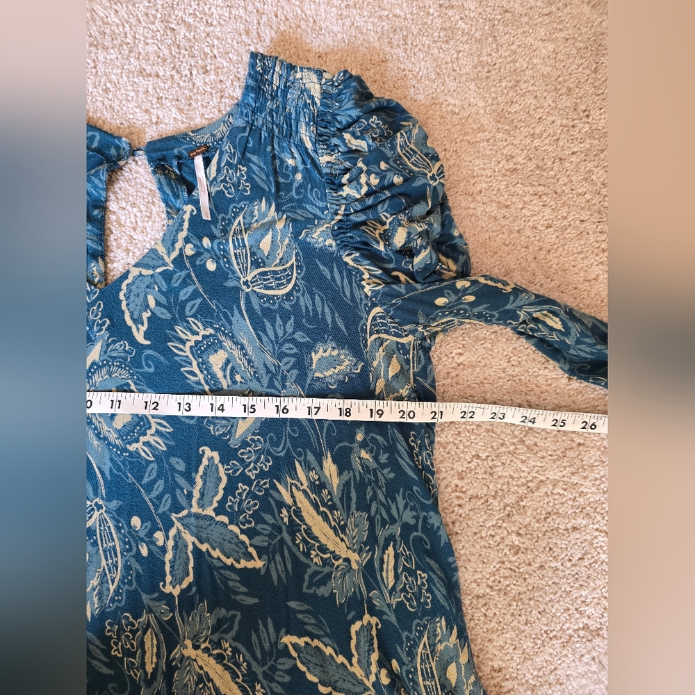 Free People Womens MEDIUM long Puff Sleeves Green Floral Short Dress - Picture 6 of 8